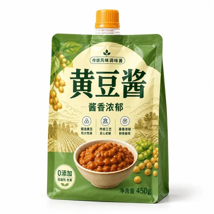 Custom Sauce Nozzle Bag, Huang Dou Sauce Eight-Side Sealed Flat Bottom Packaging Manufacturer