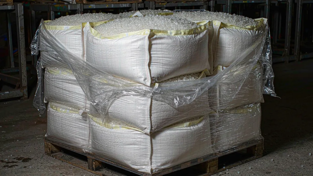 Plastic packaging bags stacked on pallets in the food packaging factory workshop